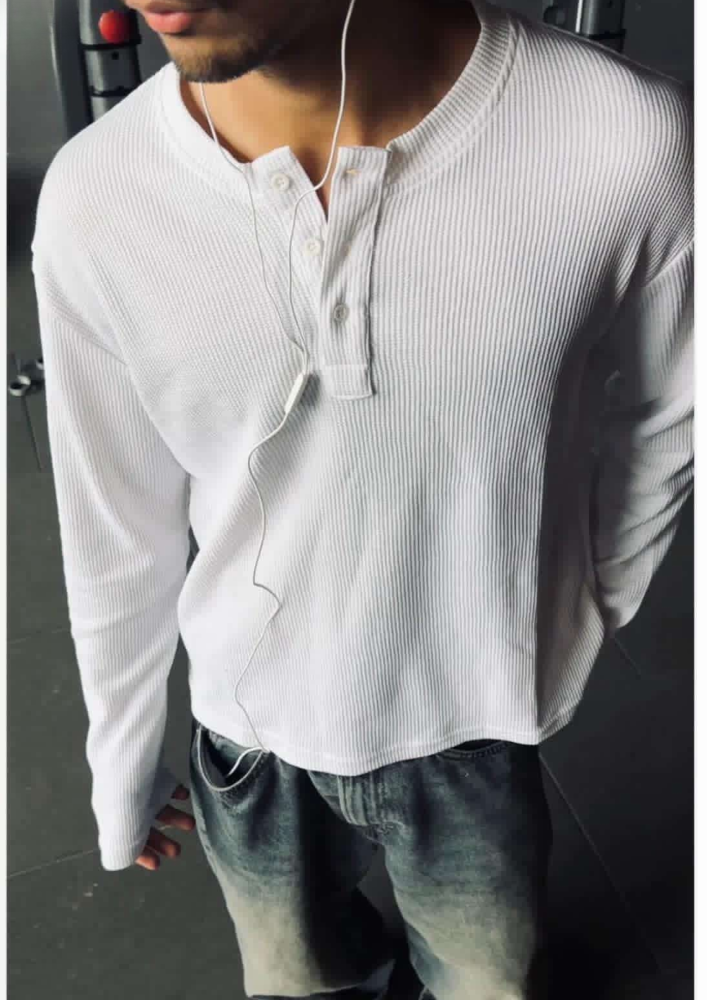 White waffle-knit Henley