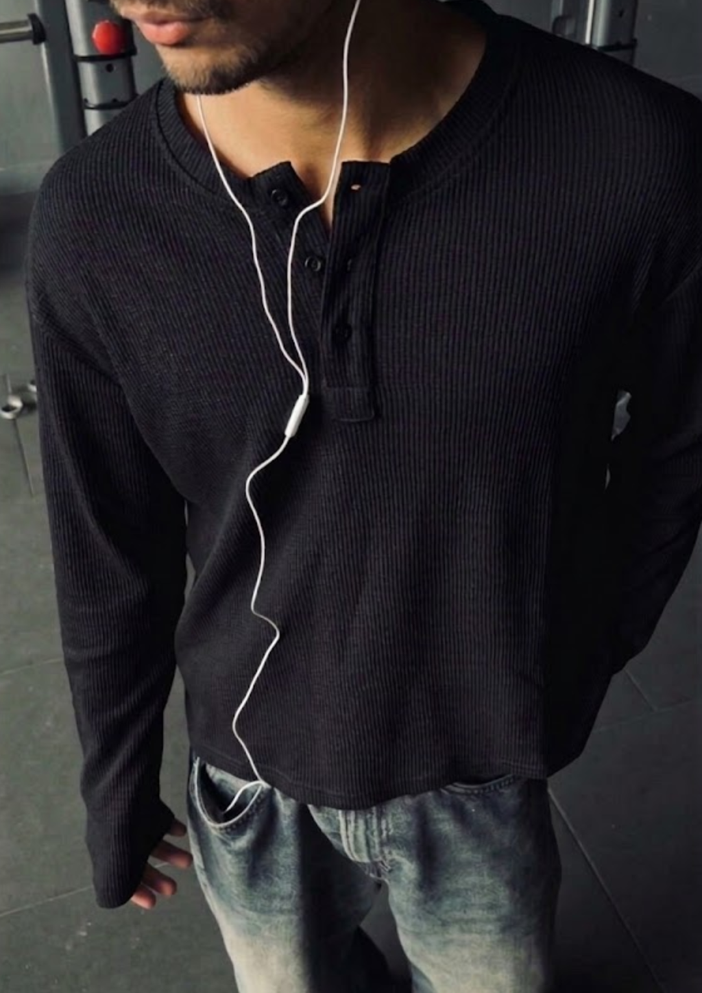 Black Waffle-knit Henley