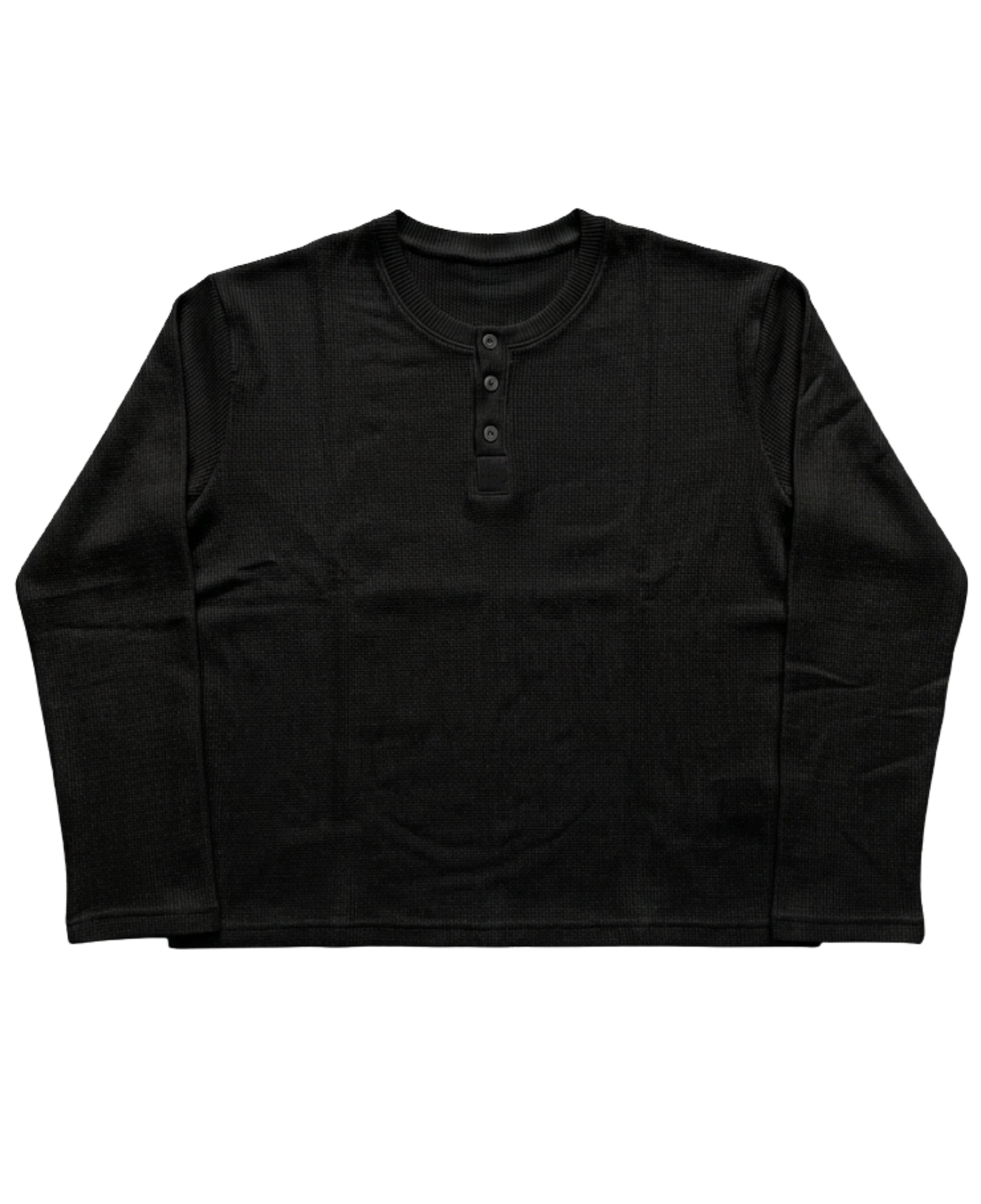 Black Henley waffle knit Front Design